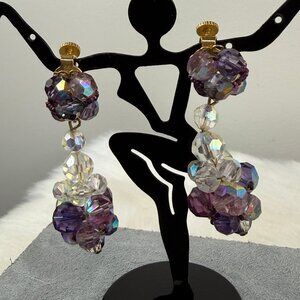 Vintage Vendome Purple & Clear Glass Bead Dangle & Drop Screw/Clip Earrings Gold